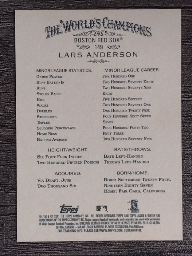 2011 Topps Allen and Ginter Code Cards #149 Lars Anderson