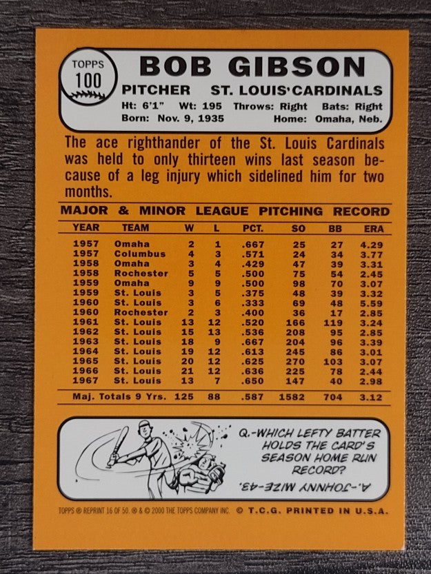 2001 Topps Through the Years Reprints #16 Bob Gibson '68