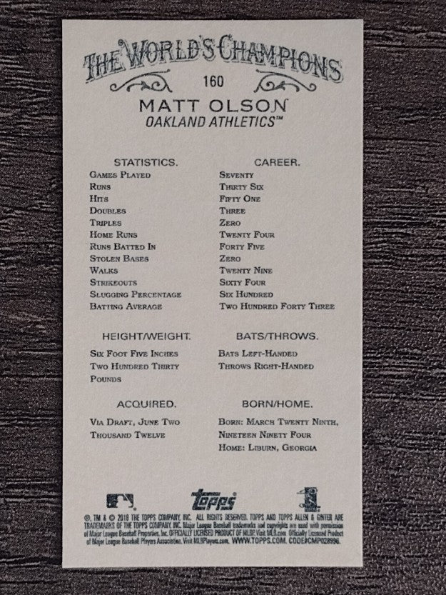 2018 Topps Allen and Ginter Mini Gold #160 Matt Olson