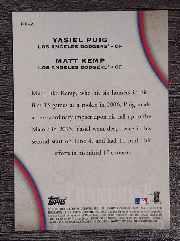2013 Topps Update Franchise Forerunners #2 Yasiel Puig/Matt Kemp