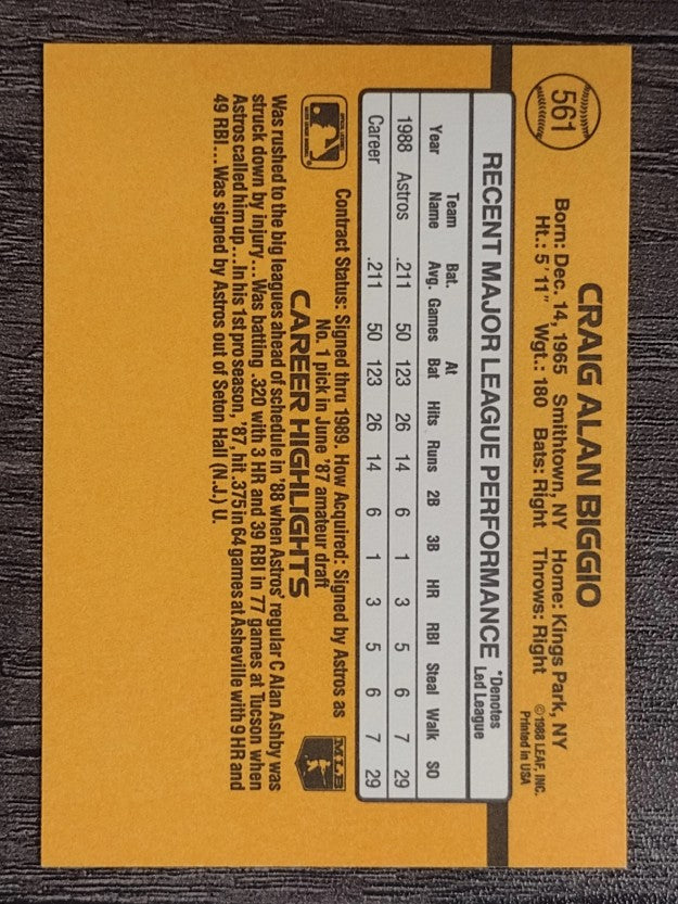 1989 Donruss #561 Craig Biggio DP RC (EXMT)