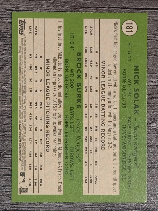 2020 Topps Heritage #181 Nick Solak RC/Brock Burke RC