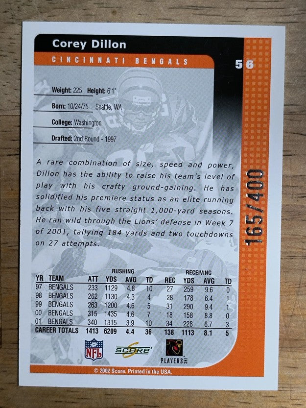 2002 Score Scorecard #56 Corey Dillon