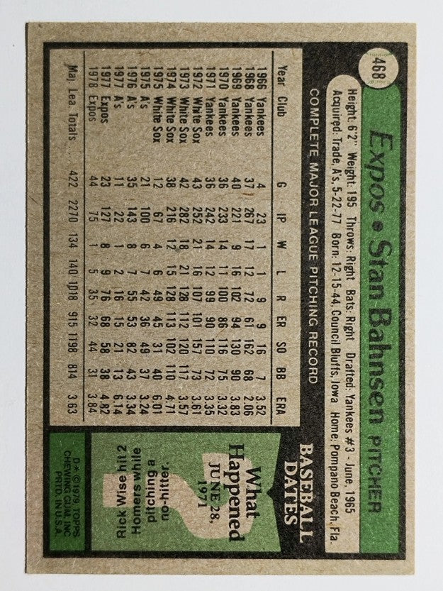 1979 Topps #468 Stan Bahnsen DP (VGEX)