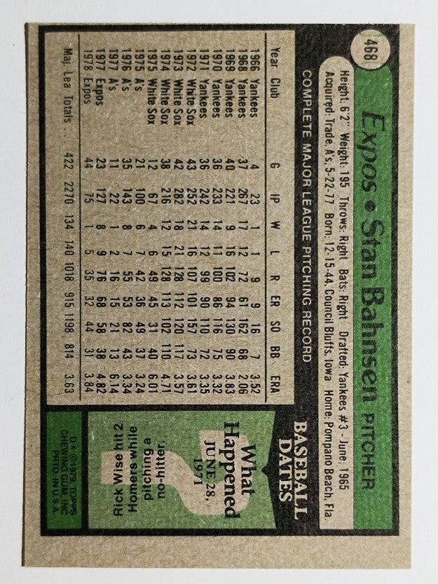 1979 Topps #468 Stan Bahnsen DP (VG)