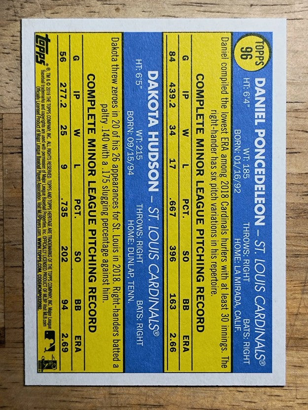 2019 Topps Heritage #96 Dakota Hudson RC/Daniel Poncedeleon RC