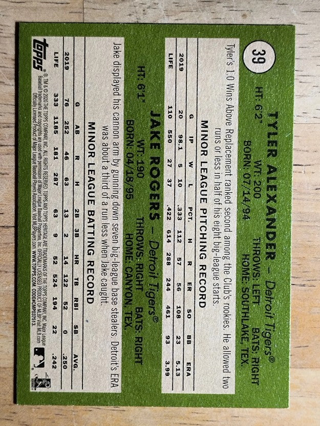 2020 Topps Heritage #39 Jake Rogers RC/Tyler Alexander RC