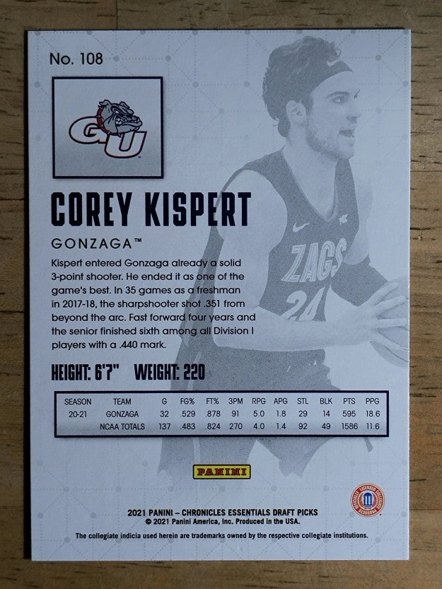 2021-22 Panini Chronicles Draft Picks #108 Corey Kispert/Essentials