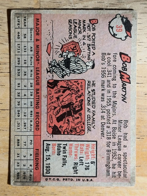 1958 Topps #39 Bob Martyn RC (VGEX)