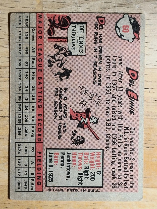 1958 Topps #60A Del Ennis (VG)