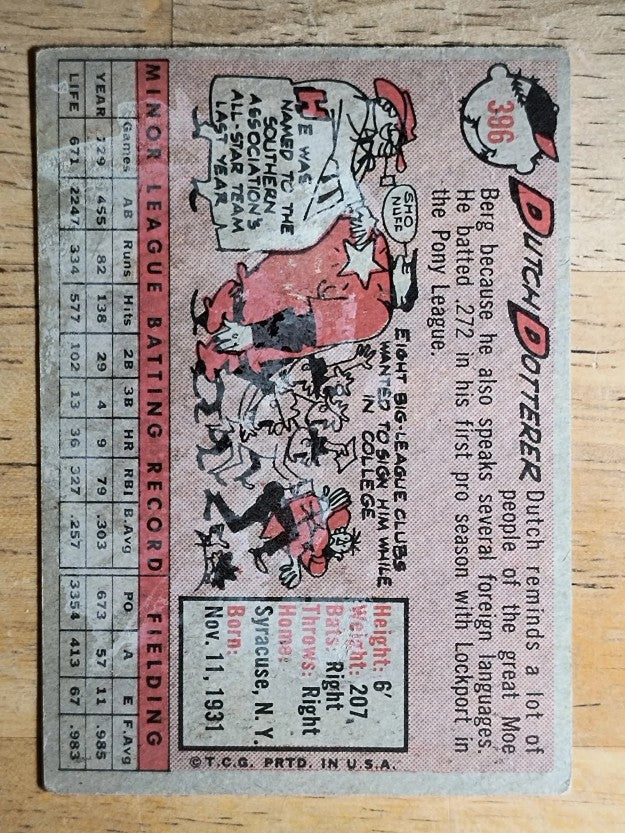 1958 Topps #396 Dutch Dotterer RC (POOR)