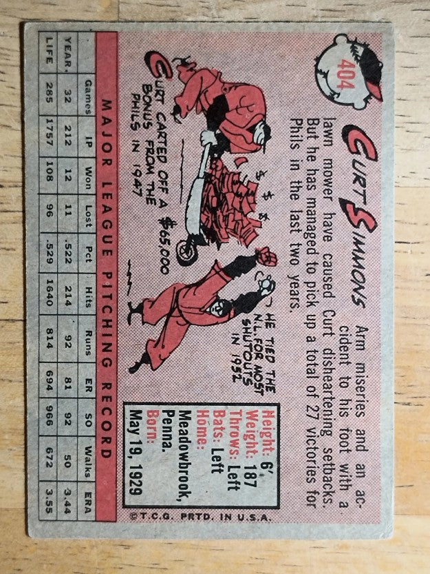 1958 Topps #404 Curt Simmons (VGEX)
