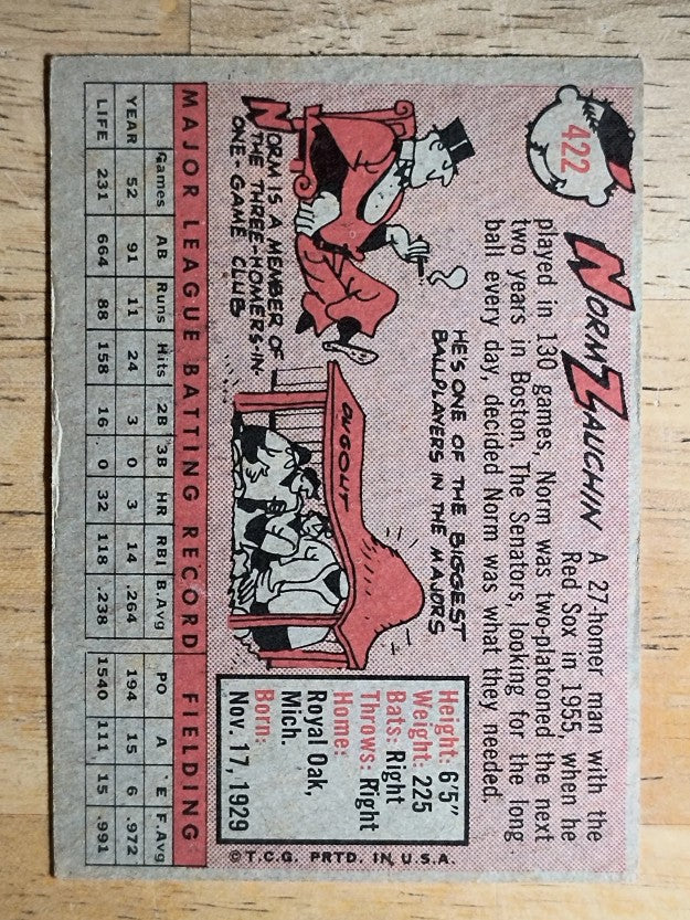1958 Topps #422 Norm Zauchin (VG)