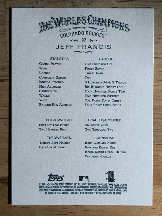 2008 Topps Allen and Ginter #97 Jeff Francis