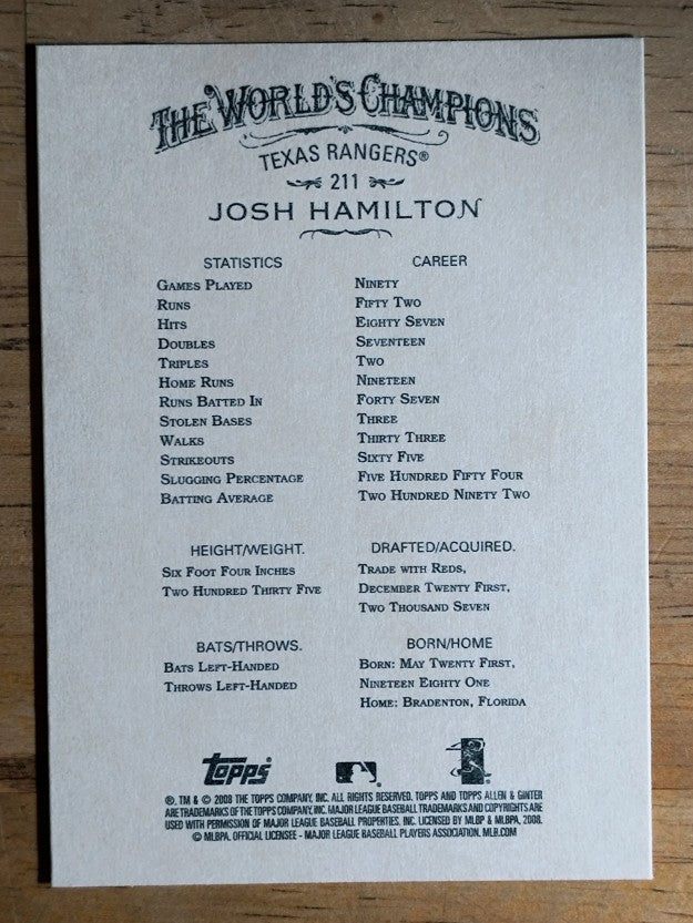 2008 Topps Allen and Ginter #211 Josh Hamilton