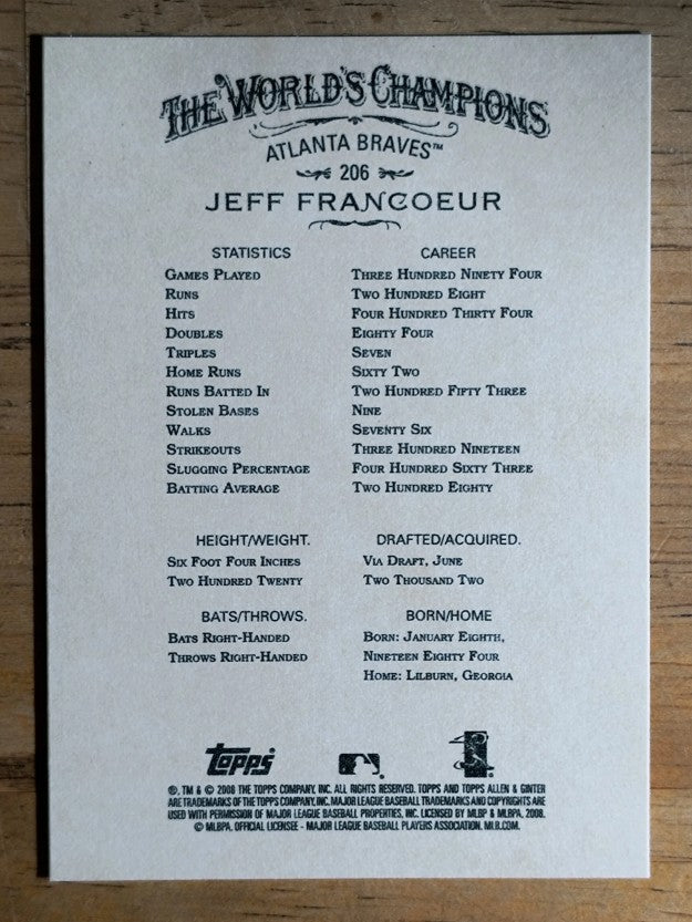 2008 Topps Allen and Ginter #206 Jeff Francoeur