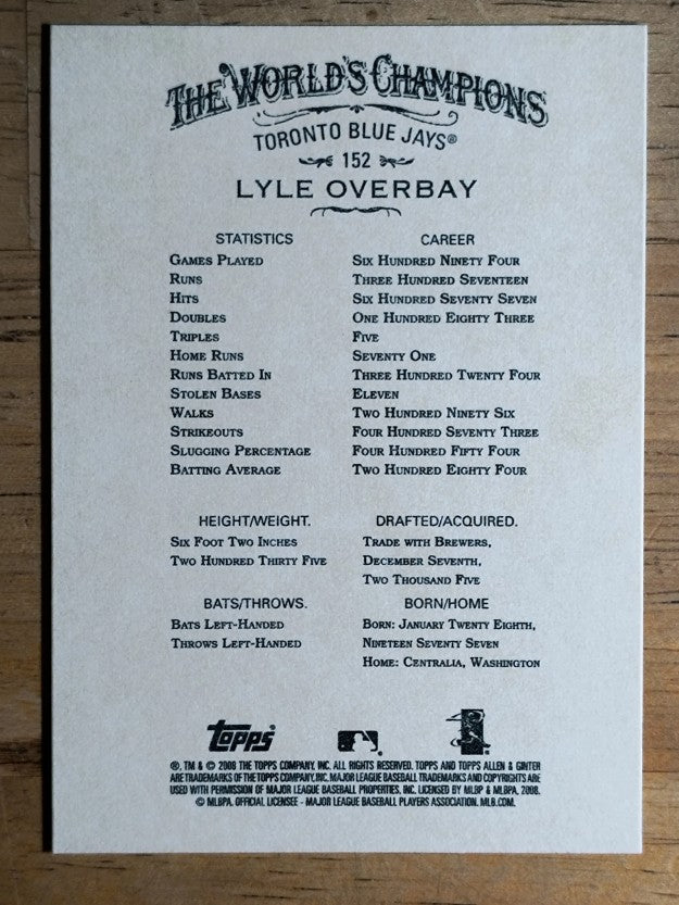 2008 Topps Allen and Ginter #152 Lyle Overbay