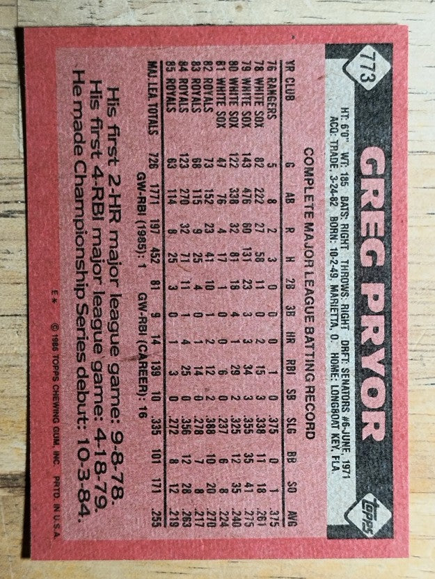 1986 Topps #773 Greg Pryor