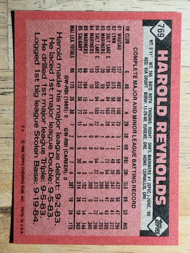 1986 Topps #769 Harold Reynolds RC