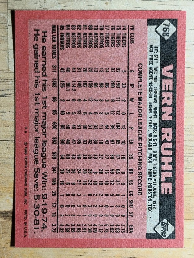 1986 Topps #768 Vern Ruhle