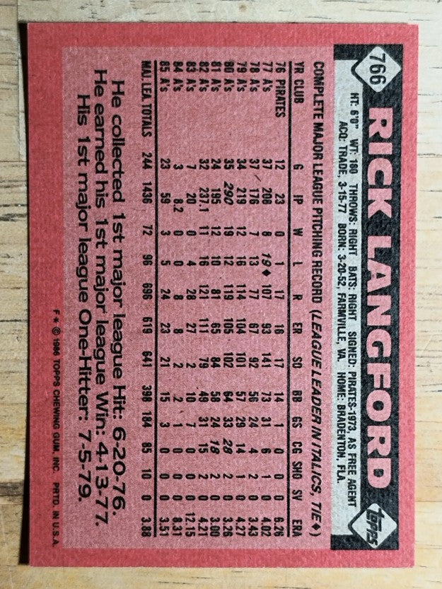 1986 Topps #766 Rick Langford