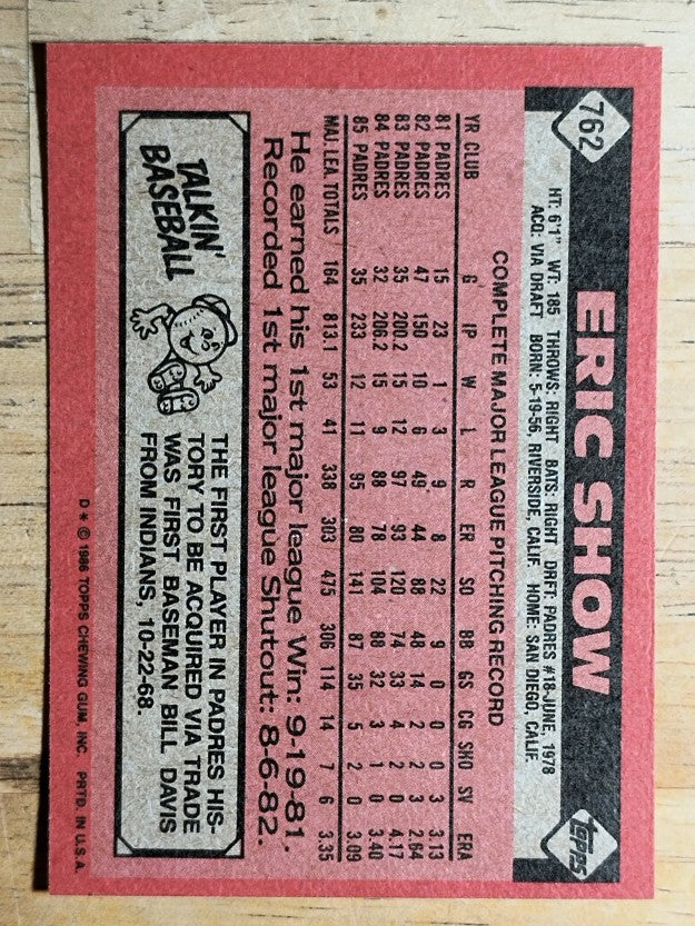 1986 Topps #762 Eric Show