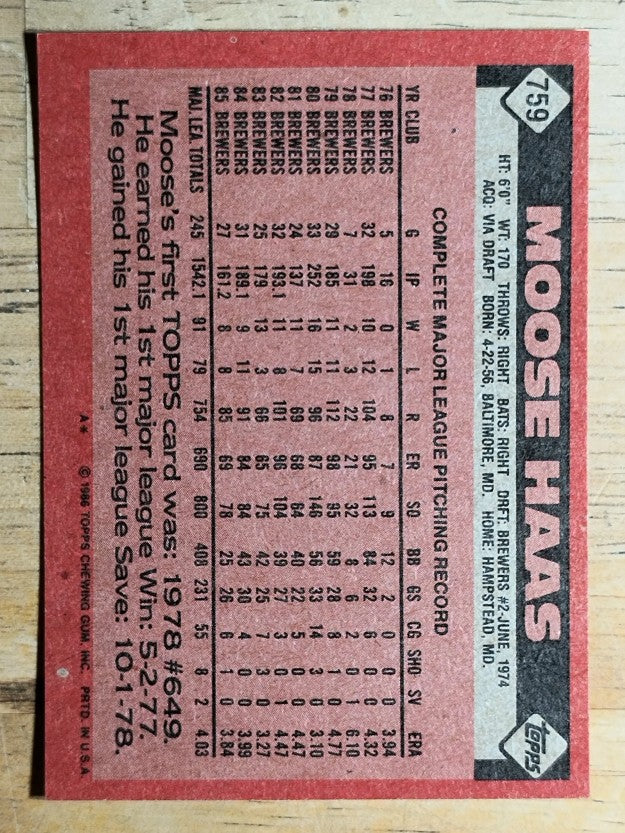 1986 Topps #759 Moose Haas