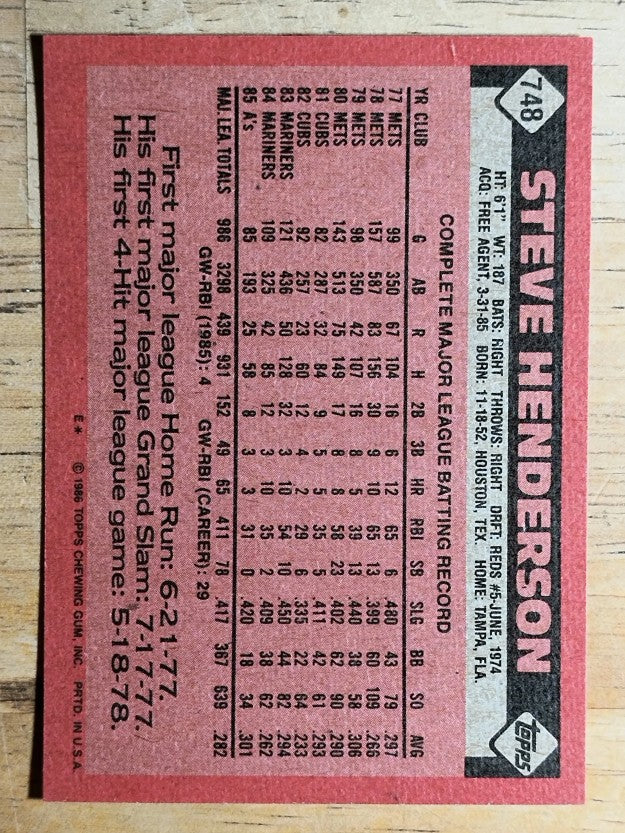 1986 Topps #748 Steve Henderson
