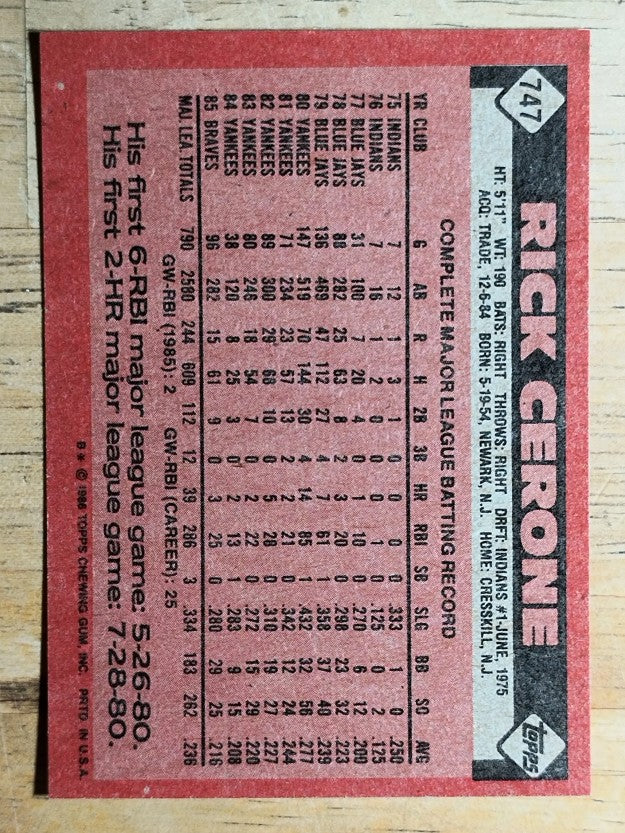 1986 Topps #747 Rick Cerone