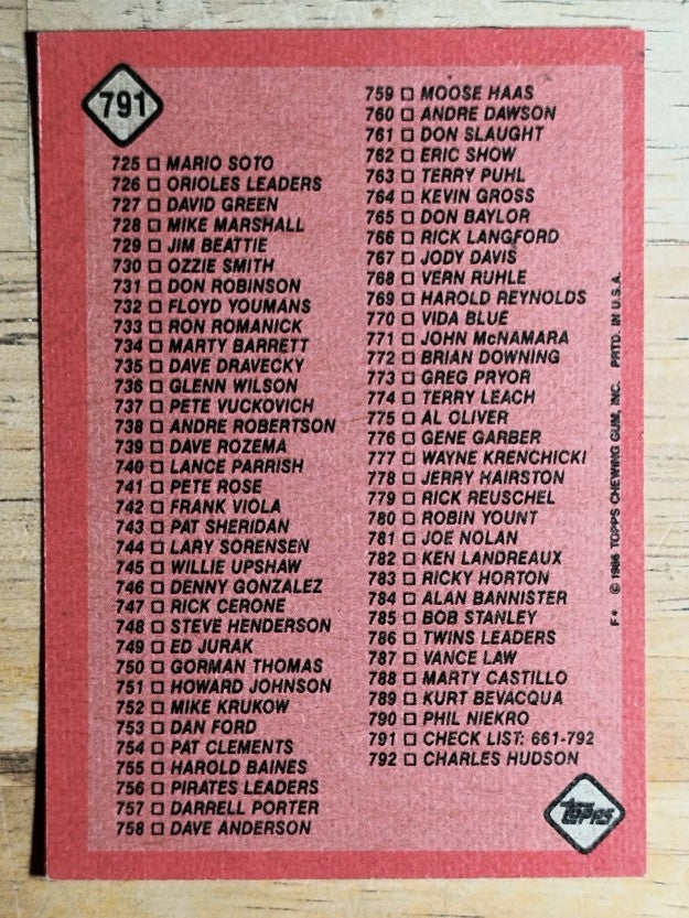 1986 Topps #791 Checklist: 661-792