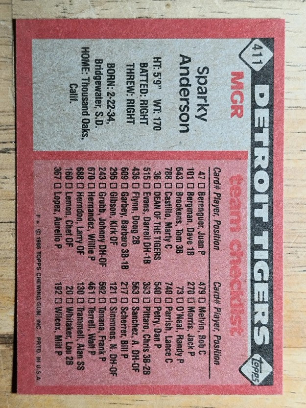 1986 Topps #411 Sparky Anderson MG