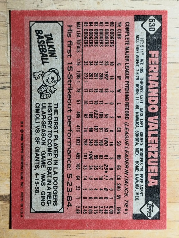 1986 Topps #630 Fernando Valenzuela