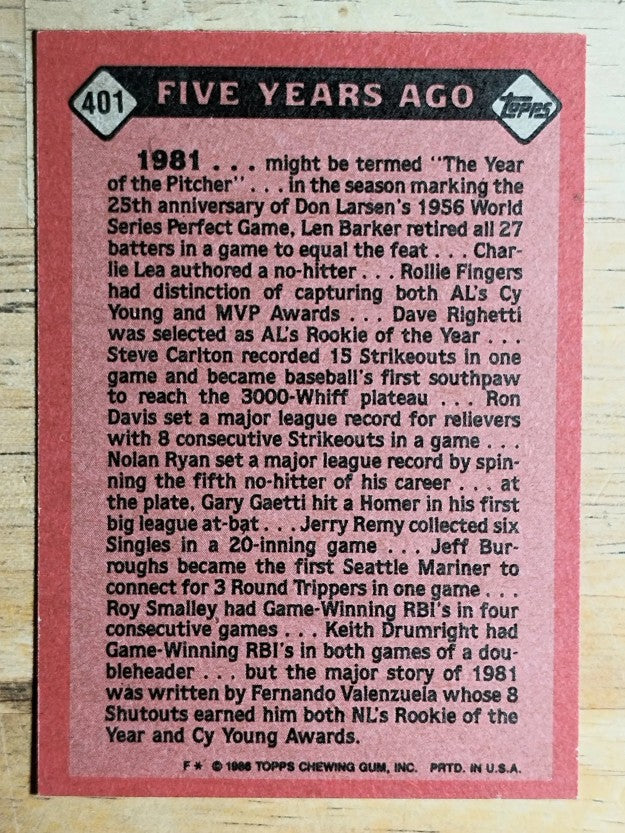 1986 Topps #401 Fernando Valenzuela TBC '81