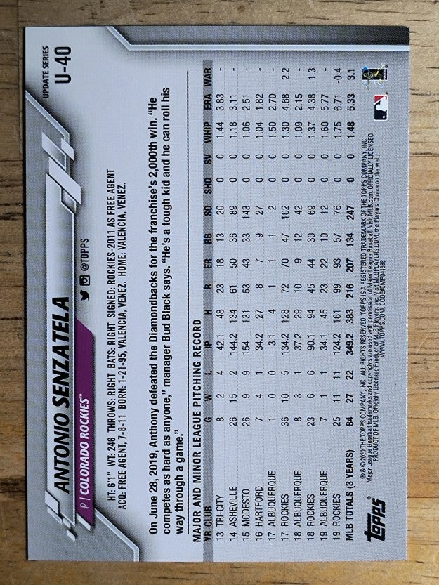 2020 Topps Update #U40 Antonio Senzatela