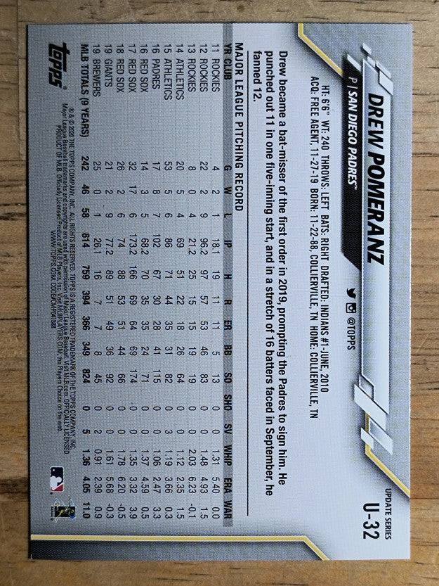 2020 Topps Update #U32 Drew Pomeranz