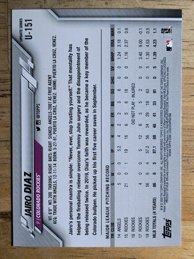 2020 Topps Update #U151 Jairo Diaz