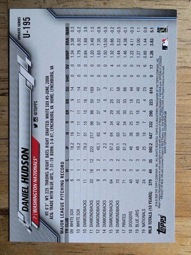 2020 Topps Update #U195 Daniel Hudson