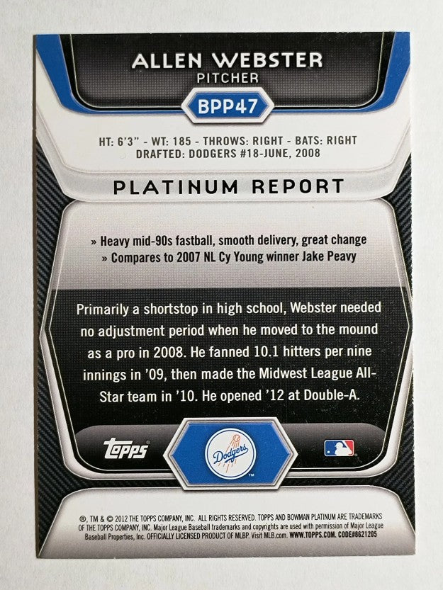 2012 Bowman Platinum Prospects #BPP47 Allen Webster