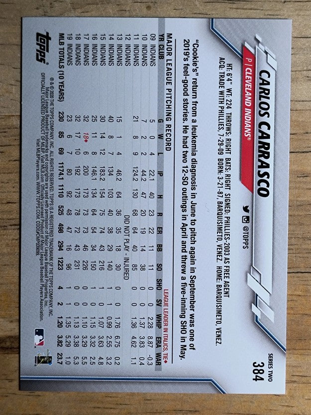 2020 Topps #384 Carlos Carrasco