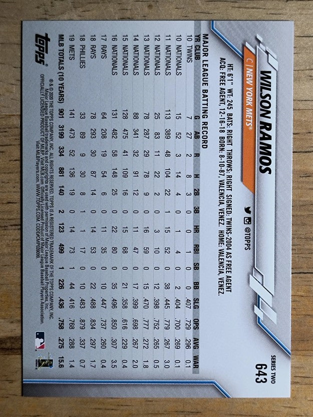 2020 Topps #643 Wilson Ramos