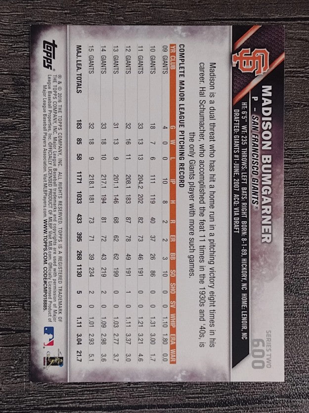 2016 Topps Rainbow Foil #600 Madison Bumgarner