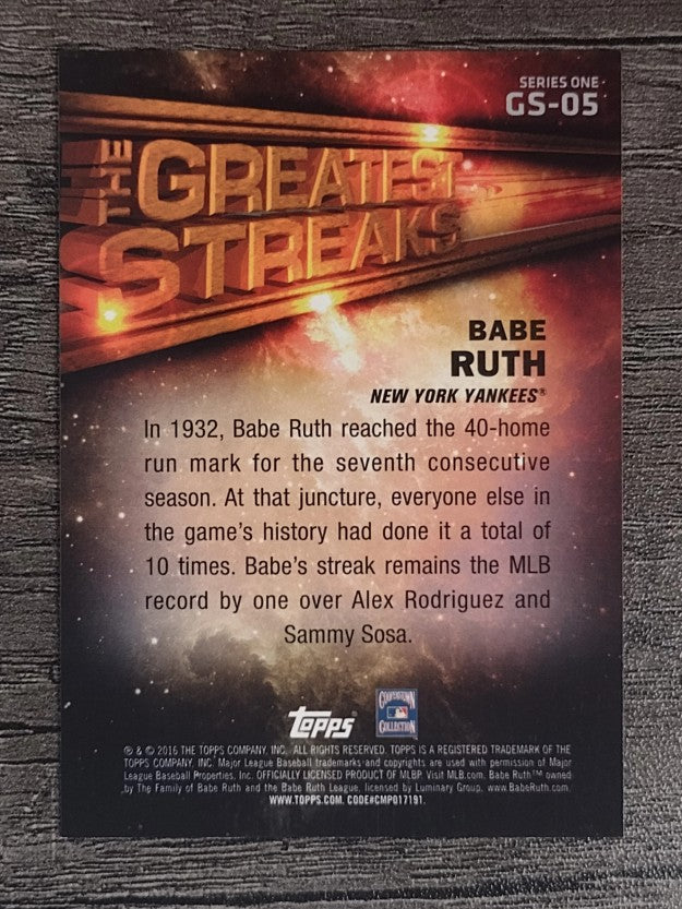 2016 Topps The Greatest Streaks #GS05 Babe Ruth (EXMT)