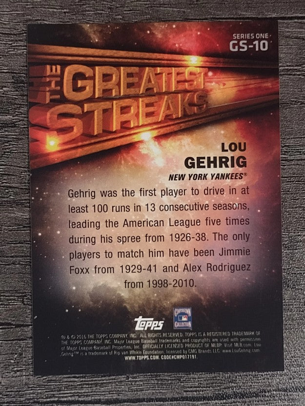2016 Topps The Greatest Streaks #GS10 Lou Gehrig (NM)