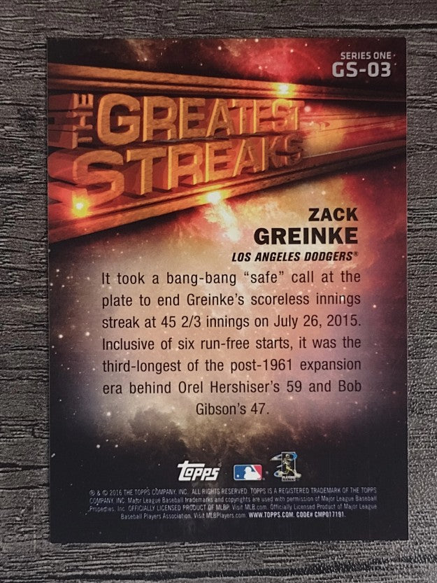 2016 Topps The Greatest Streaks #GS03 Zack Greinke