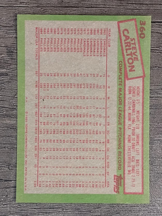 1985 Topps #360 Steve Carlton
