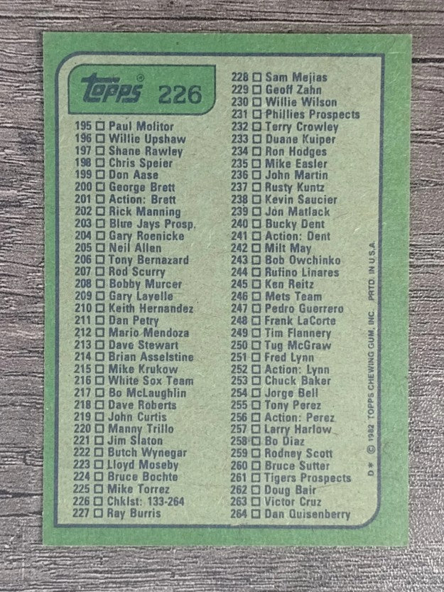1982 Topps #226 Checklist 133-264