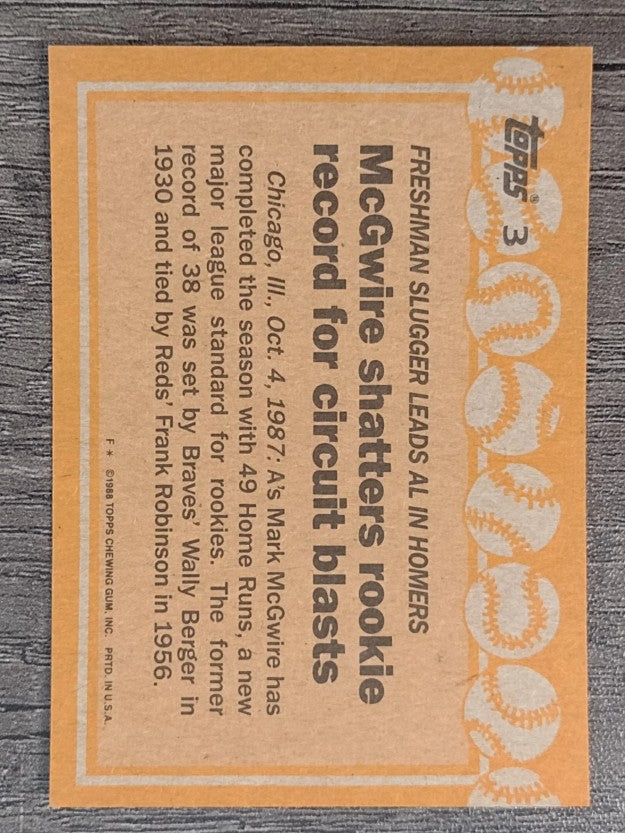 1988 Topps #3A Mark McGwire RB/White spot behind left foot