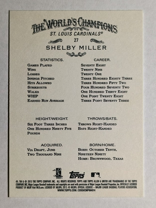 2013 Topps Allen and Ginter #27 Shelby Miller RC