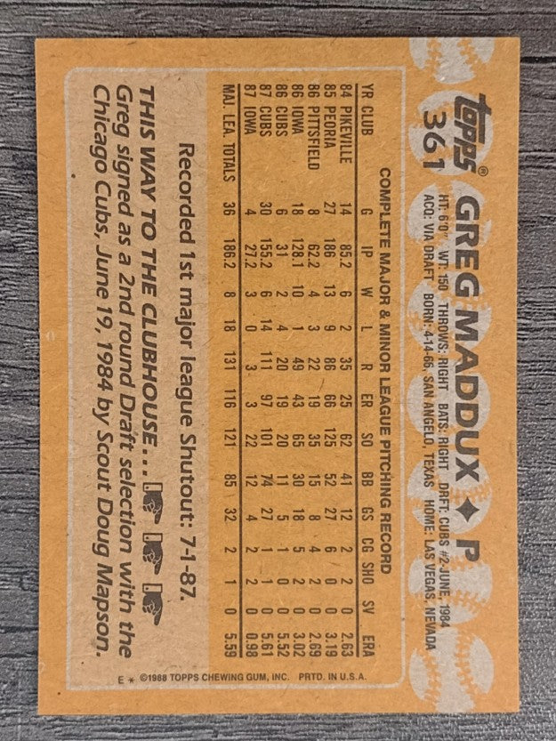 1988 Topps #361 Greg Maddux