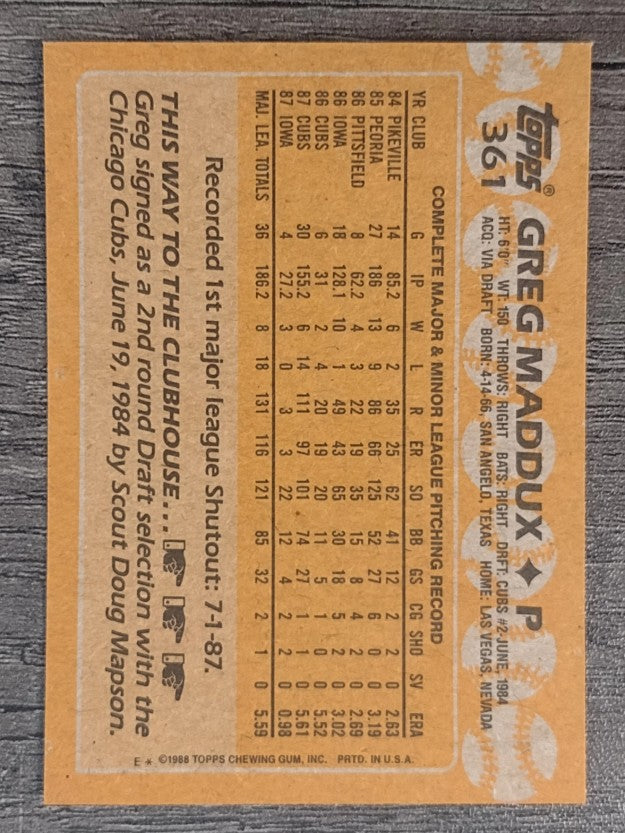 1988 Topps #361 Greg Maddux